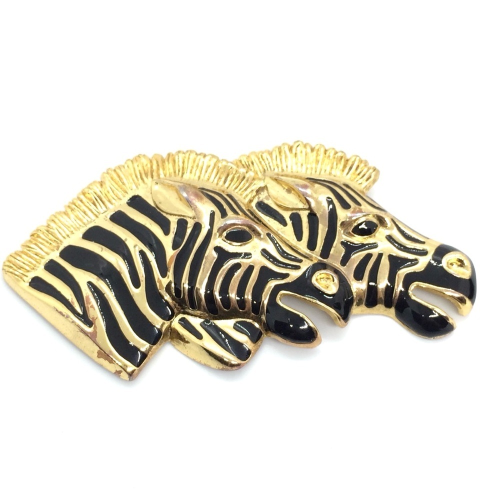 VINTAGE 80S GOLD TONE ZEBRA HEAD HEADS BROOCH PIN LARGE STATEMENT ANIMAL AS IS